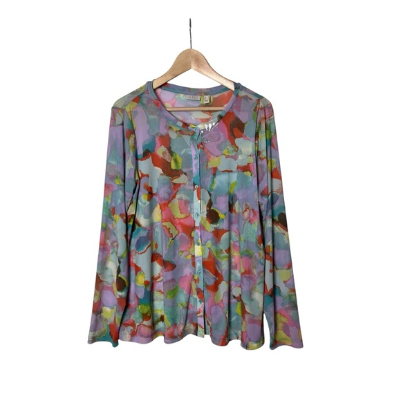 New Logo Lori Goldstein Layers Watercolor Mesh Multi Color Button Up Top M - Picture 1 of 4